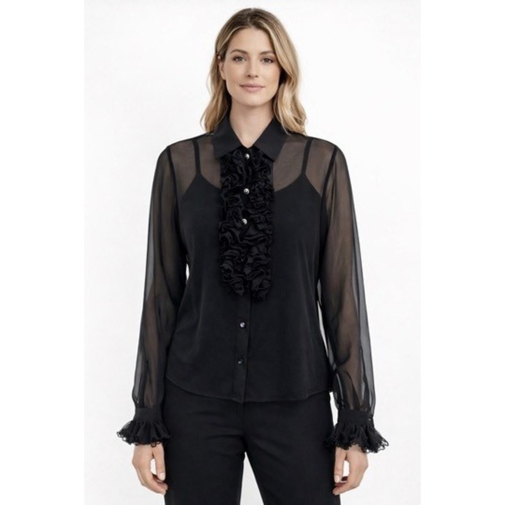 St John Womens‎ Sheer Black Ruffle Button Up Blouse Top Size 6 Jewel Buttons